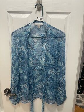 Casual Corner Blue Paisley Floral Sheer Tie-Blouse with Neck Ties